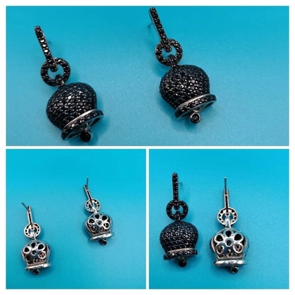 Silver Tone Black Onyx Gemstones Dangle Post Earrings - Picture 1 of 6